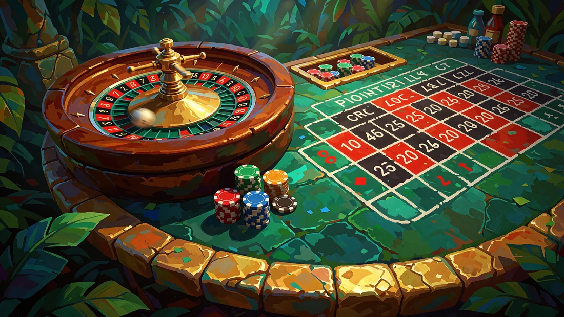 Koło ruletki w ruchu i plansza do obstawiania z żetonami - live kasyno w Tikal Casino