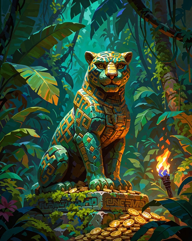 Kamienny jaguar ze złotymi oczami na mokrym od mgły podium w dżungli - slot przygodowy Tikal Casino