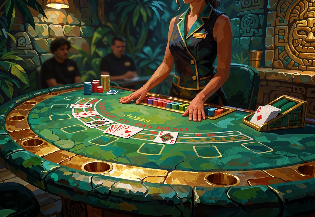 St&oacute;ł do blackjacka na żywo z krupierką i rozłożonymi kartami w kamiennej komnacie Tikal Casino